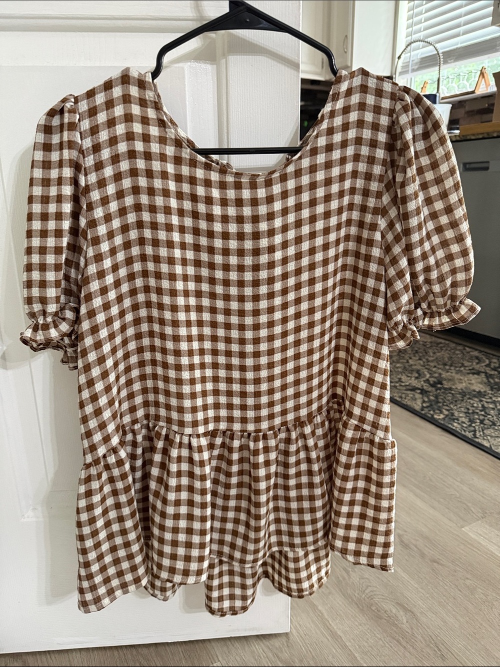 mine Brown and White Gingham Peplum Puff-Sleeve Blouse